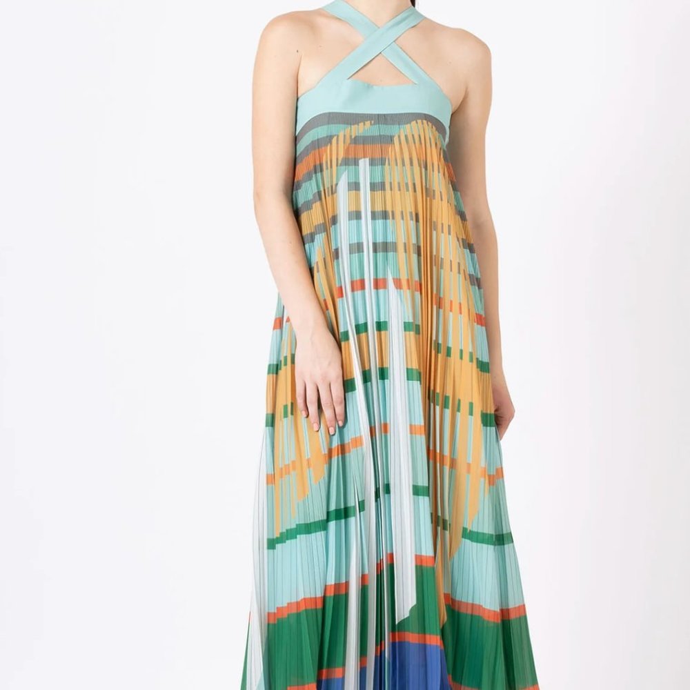 Anthropologie X Geisha Designs Abstract Bold Stripe Pleated Dress Size S